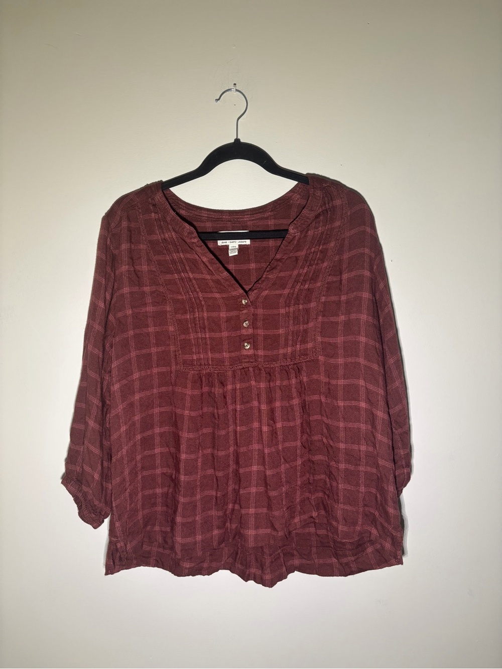 Wrangler Brick Red Plaid Henley Peasant Blouse